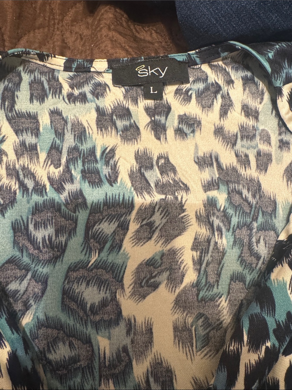 Sky Teal Black White Leopard V-Neck Top with Bejeweled Waist - Picture 2 of 4
